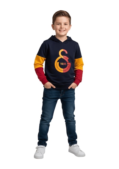 Gsstore Galatasaray Lisanslı Logo Siyah Kapüşonlu Çocuk Sweat Bayrak Kırmızı - Siyah
