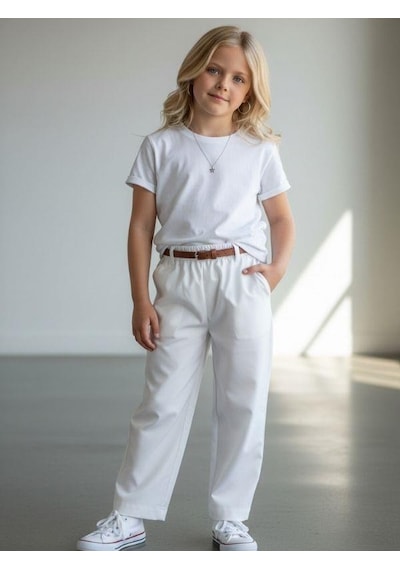 Zekids Kız Çocuk Yumuşak Dokulu Yüksek Bel Pantolon-17008 Beyaz