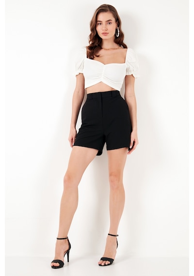 Lela Slim Fit Büzgü Detaylı Kalp Yaka Crop Bayan Bluz 5865601 Ekru