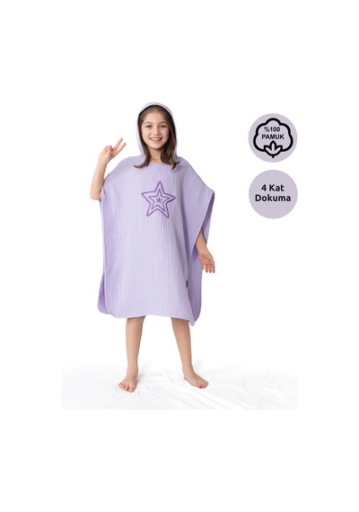Zuppers 4 Katlı Nakışlı Müslin Panço - Lila Standart
