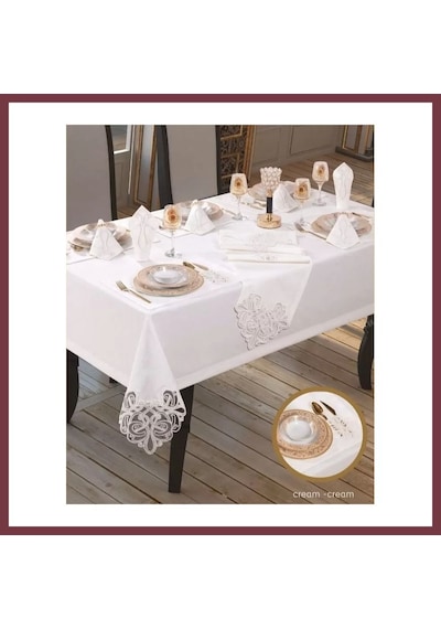 Storeşahin Taç Keten Krem-krem 12 Kişilik 26 Parça 160 220 Cm Şık Premium Sofra Takımı Shn0720 Krem - Krem
