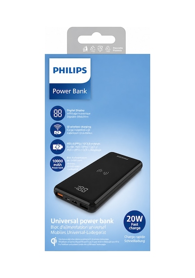 Philips DLP9520C/00 10000mAh Kablosuz Powerbank15W Qi Kablosuz Şarj, 20W PD USB-C, QC 3.0, LCD Ekran Siyah
