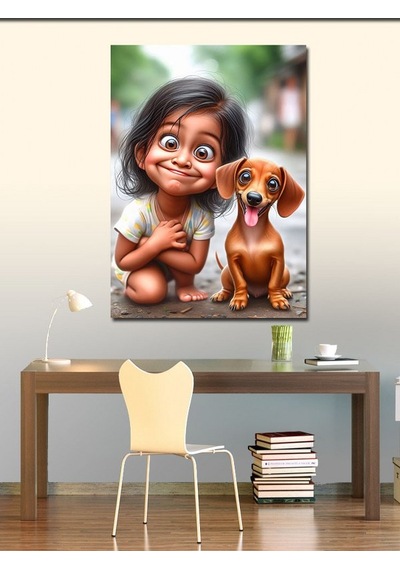 Kanvas Tablo Sevimli Kız Ve Köpek 70cmx100cm