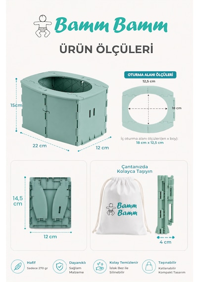 Bamm Bamm Katlanabilir Çocuk Tuvaleti, Portatif Lazımlık Taşıma Çantalı Yeşil