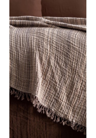 Boho Çizgili Yatak Örtüsü 4 Katlı Müslin%100 Pamuk Yumuşak Lüks Yazlık Pike Çift Kişilik Battal Boy 240x260 Cm Bej
