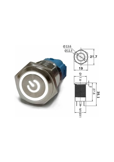 Alkatronik 16mm Metal Buton Beyaz Power Sembol Led Işıklı Panel Montaj Düz Kafa Kilitlemeli Dc 6a 12v Ip67 Düğm 1