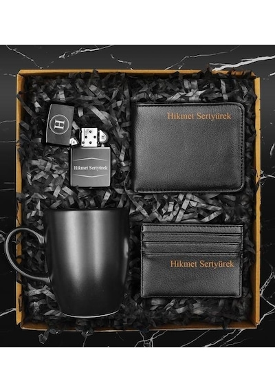 Siyah Kupa & Kişiye Özel Cüzdan & Kişiye Özel Kartvizitlik & Kişiye Özel Zippo Model Çakmak Seti