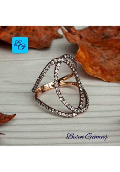 İç İçe Geçmeli Taşlı Gümüş Kadın Yüzük Gümüş - Rose Gold