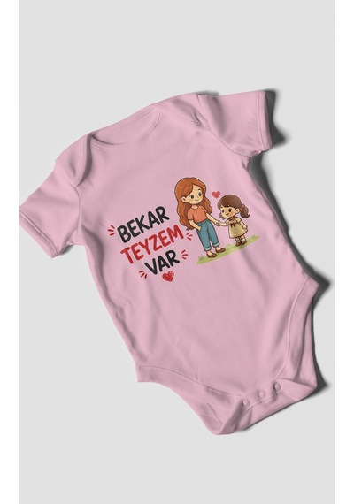 Morivokids Bekar Teyzem Var Kısa Kollu Bebek Body %100 Pamuk Koyu Pembe