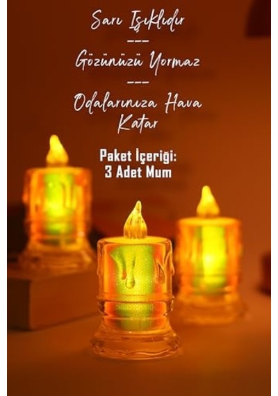 Tr 3 Adet Led Mum Simli Tipi Pil Dahil Dumansız Alev Ledli Yapay Dekoratif Mum Işığı Orta Pt421 Diğer