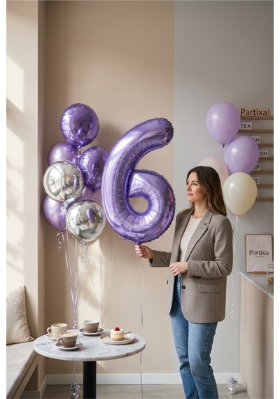 32 İnç Mor Rakam 6 Folyo Balon Çok Renkli