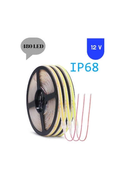 12 Volt 8 Mm 480 Ledli Esnek Cob Şerit Sarı Amber Dış Mekan Ip68 5 Metre