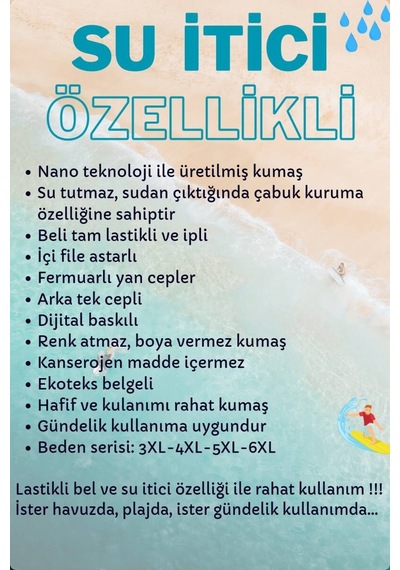 Miami Beach Büyük Beden Su İtici Özellikli Dijital Baskılı Erkek Plaj Deniz Şort Mayo - 140-beyaz 001