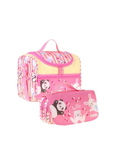 Kaukko Kids Kız Çocuk Hello Baskılı Sarı - Pembe Thermo Beslenme Çantası Ve Kalemlik Seti - Setkk-l5309