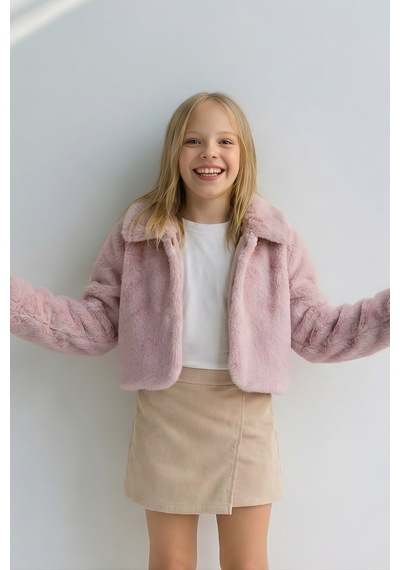 Esila Kids Kız Çocuk Bolero Peluş Ceket İnci Kapamalı Uzun Kollu Çocuk Ceket Gülkurusu