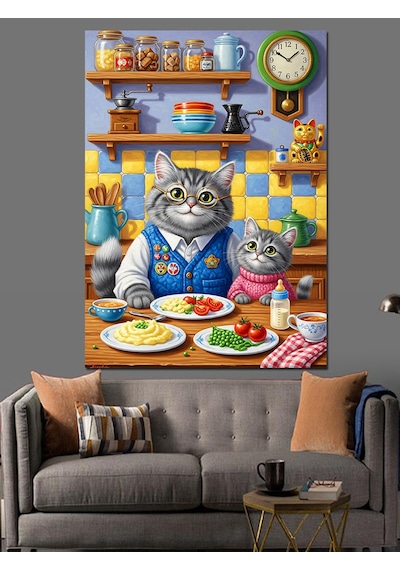 Ahşap Tablo Mutfakta Yemek Yapan Kedi