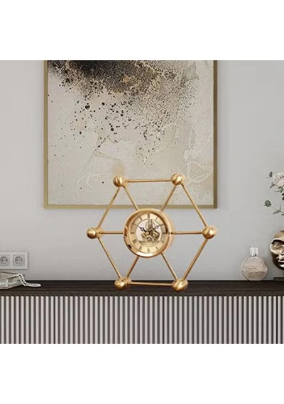 Altıgen Moleküler Tasarım Iskelet Mekanizmalı Gold Metal Masa Saati - Çarklı Lüks Ofis Çalışma Masası Aksesuarı Dekoratif Obje