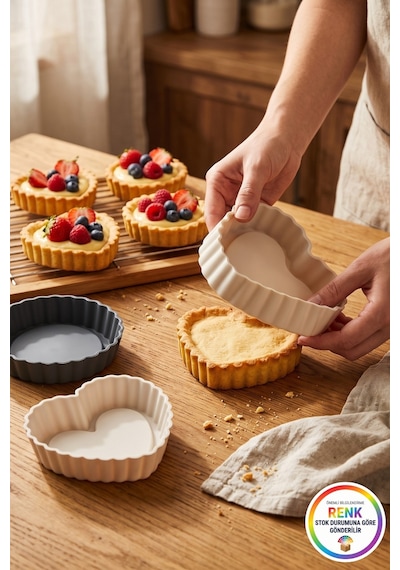 Silikon Mini Tart Kalıbı 6'lı Set Kalp Yuvarlak Tartolet Kalıbı Platinum Silikon 12 Cm Çok Renkli