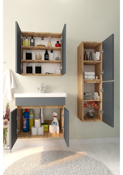 Tokyo 65 Cm Havlu Dolaplı Aynalı Banyo Dolabı Takımı Seramik Lavabolu Mdf Gövde Antrasit Gri - Atlantik Çam Tokyo 65 Cm Havlu Dolaplı Aynalı Banyo Dolabı Takımı Seramik Lavabolu Mdf Gövde Antrasit Gri - Atlantik Çam