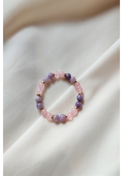 8 Mm Lepidolit, Pembe Kuvars Doğal Taş Bileklik Çok Renkli