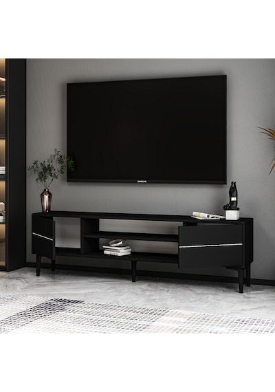 Aragon Modern Tv Sehpası 140 Cm, 2 Kapaklı + 2 Açık Raflı Tv Ünitesi - Siyah
