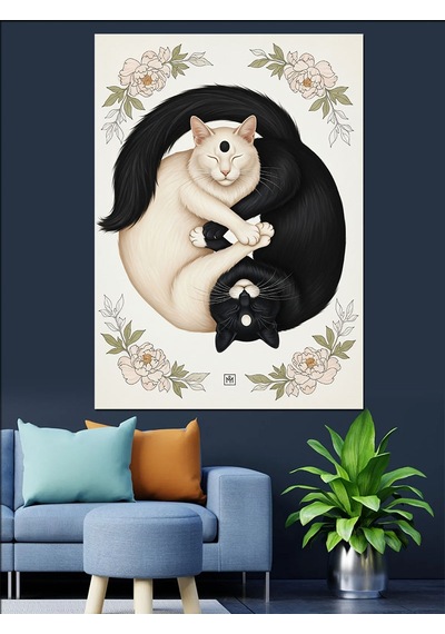 Ahşap Tablo Yin Yang Kedi Felsefesi Hayvan Tabloları