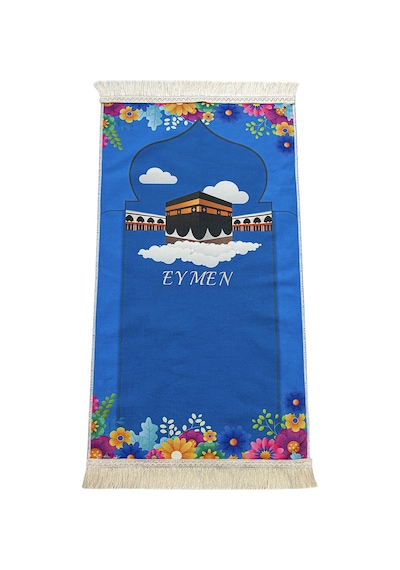 İsme Özel Nakış İşlemeli Kabe Temalı Çocuk Seccadesi Mavi 001