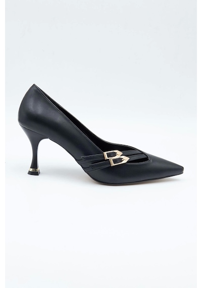 Kadın Abiye Stiletto Mat Siyah Altın Tokalı 7cm Topuklu Tam Kalıp Siyah-cilt Siyah