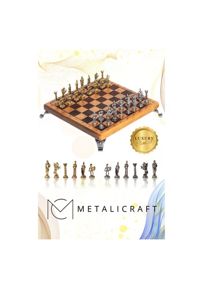 Mc102 Satranç Takımı 25x25cm - Bizans Figürlü Metal Taşlar Gerçek Ağaç Tahta El Yapımı Hediyel