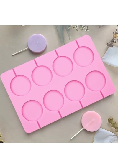Kalıp Çubuklu Halka Şeker, Çikolata, Dondurma, Lolipop Silikon Kalıbı 8'li Pembe