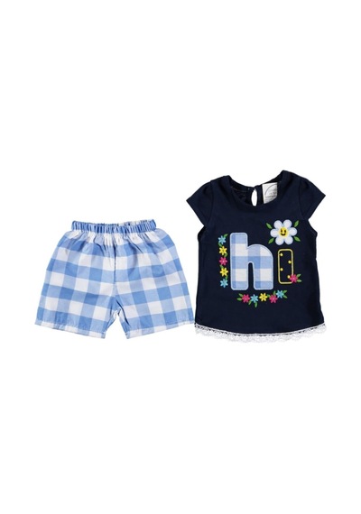 Kidsmadamiko Kız Bebek Ekose Şortlu Çiçek Nakışlı Takım 3031045 Mavi