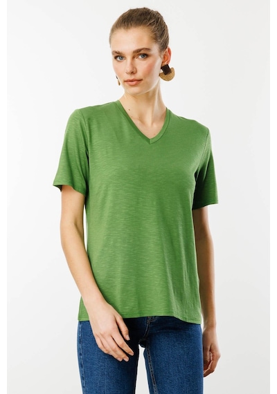 Kadın V Yaka Flamlı Kumaş Basic Tshirt A.yeşil Yeşil Kadın V Yaka Flamlı Kumaş Basic Tshirt A.yeşil Yeşil