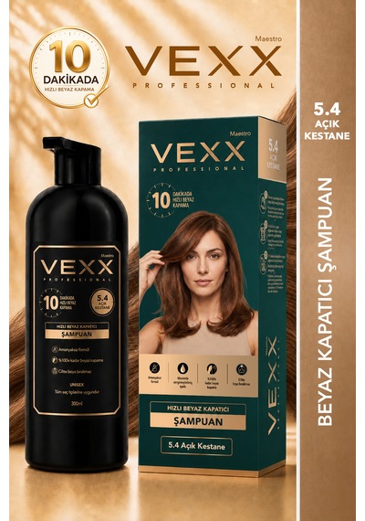 Vexx Professional Beyaz Kapatıcı Pratik Boya Şampuan Açık Kestane 5.4 Amonyaksız Formül 300 Ml.