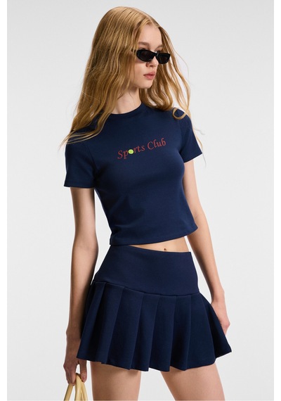 ETHIQUET MIREZA Kadın Baskı Detaylı Slim Fit Kısa Kollu Yuvarlak Yaka acivert T-Shirt