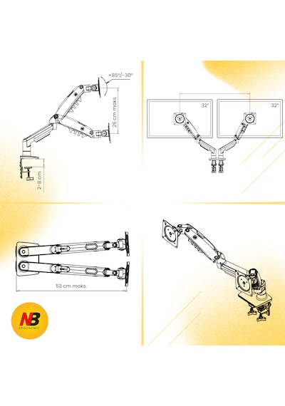 North Bayou Nb-f160 Çift Kollu Amortisörlü Monitör Standı 17"-27" / 2-9 Kg - 360 Hareketli Profesyonel Masa Askı Aparatı