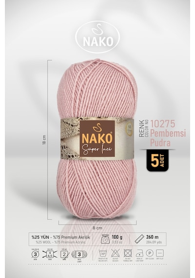 Süper İnci - 10275 Pembemsi Pudra - 5'li Paket - 100gr/260m - El Örgü İpi - Atkı Yelek Kazak İpi
