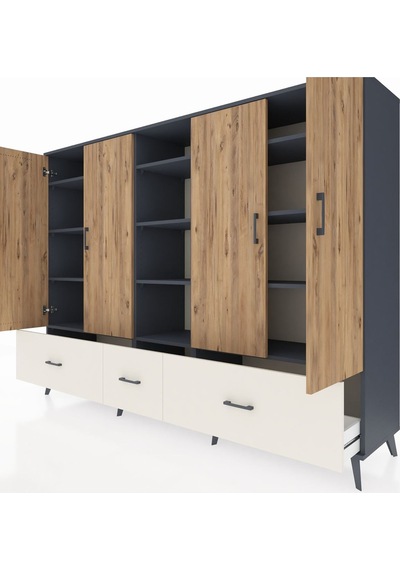 Hyperion Dolap 12 Raflı 3 Çekmeceli 4 Kapaklı 220x44x163 Antrasit Antrasit-çam/aytaşı