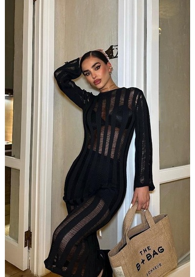 WeShaya Kadın Siyah Pamuk Oversize Kroşe Midi Elbise Siyah WeShaya Kadın Siyah Pamuk Oversize Kroşe Midi Elbise Siyah