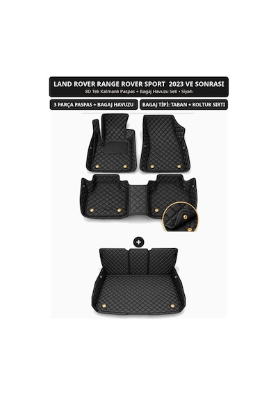 Land Rover Range Rover Sport 2023+ Uyumlu 8d Tek Katmanlı Paspas + Bagaj Havuzu Seti Siyah