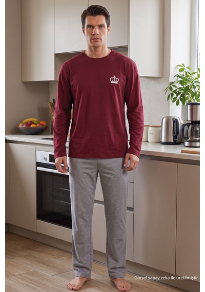Siyah İnci Nakışlı Pamuklu Likralı Örme Pijama Takım 26241801 bordo