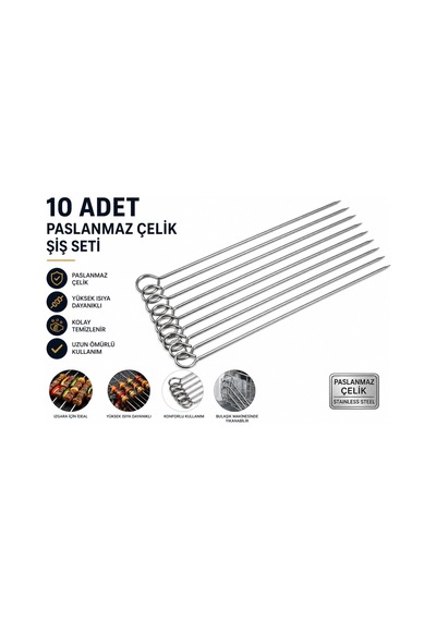 Lexroo 10'lu Paslanmaz Çelik Mangal Şişi Seti 20 Cm
