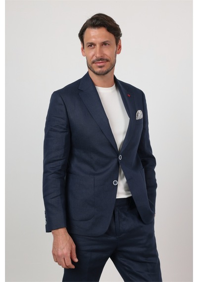 İmza Lacivert Mono Yaka Keten 6 Drop Slim Fit Yarım Astar %100 Keten Takım Elbise 1001260164