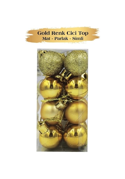 Yılbaşı Top Süs 3 Cm Mat Simli Parlak Gold 16lı