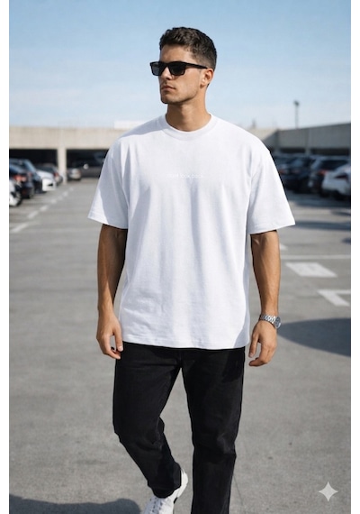 Tarz Cool Erkek Oversize Tişört Minimal Don T Look Back Detaylı Basic Beyaz