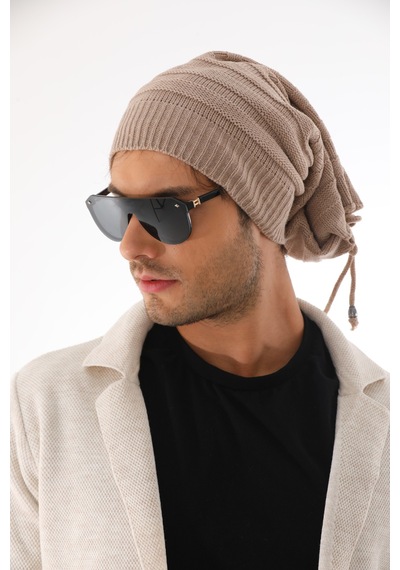 Ritagarcia Unisex Arkası İpli Büzgülü Triko Bere Kışlık Dökümlü Slouchy Beanie Bere Bej