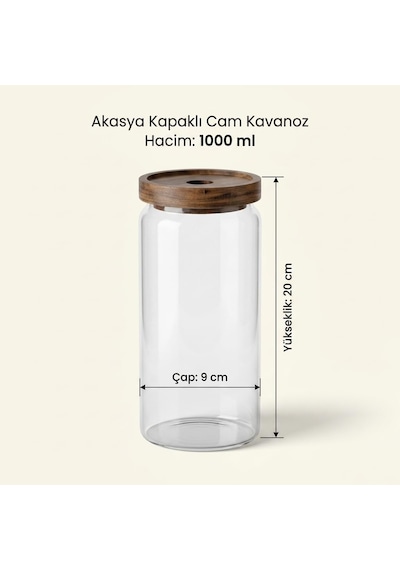 Lexroo Akasya Kapaklı Yuvarlak Borosilikat Cam Kavanoz 1000 Ml, 9 20 Cm, Orta Delikli Ahşap Kapak Çok Renkli