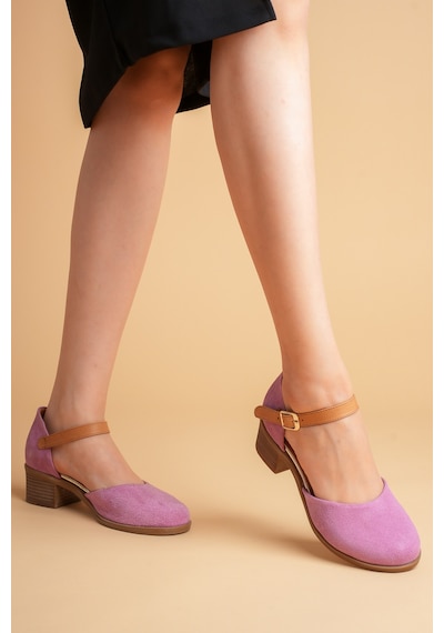 Analin Shoes Kadın Hakiki Deri Burnu Kapalı Bilekten Bağlı Sandalet Pembe Süet