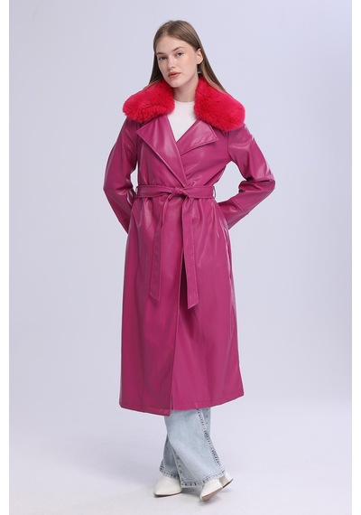 Selectmoda Kadın Peluş Yaka Deri Görünümlü Uzun Kaban Pembe