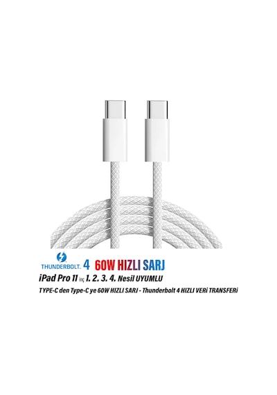 Apple Uyumlu iPad Pro 11 İnç 1.2.3.4.nesil Tablet Şarj Kablosu Type-c Thunderbolt 4 60w