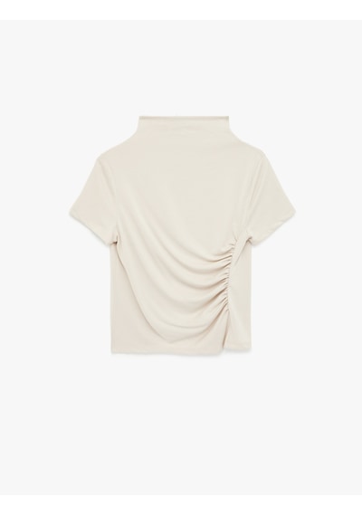 Koton Modal Karışımlı Slim Fit Drape Detaylı Dik Yaka Kısa Kollu Tişört Ekru 6sak70014ek